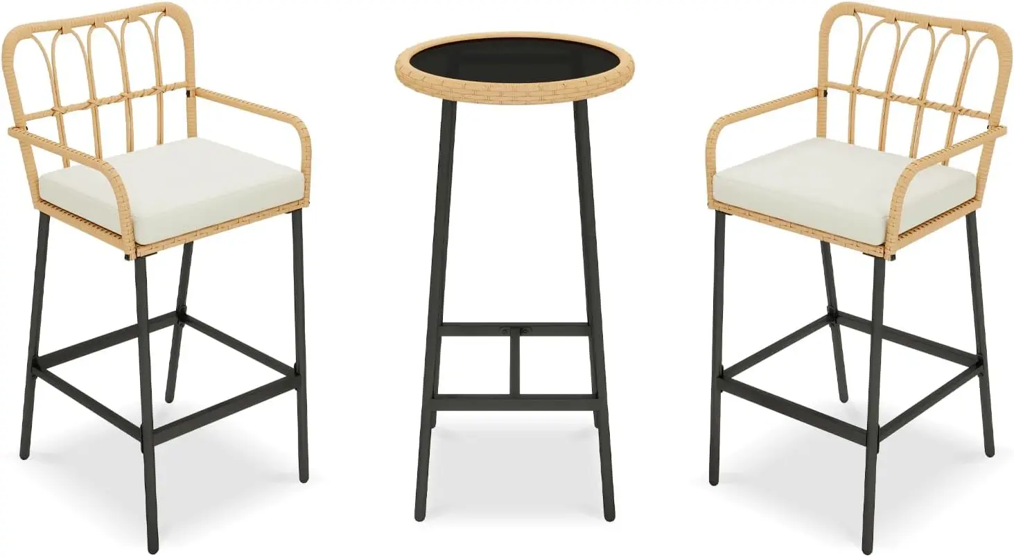 3 Pieces Patio Bar Table Set, Outdoor Wicker Bar, All Weather Height Bar Stools and Table Set, for Garden, Deck, Balcony