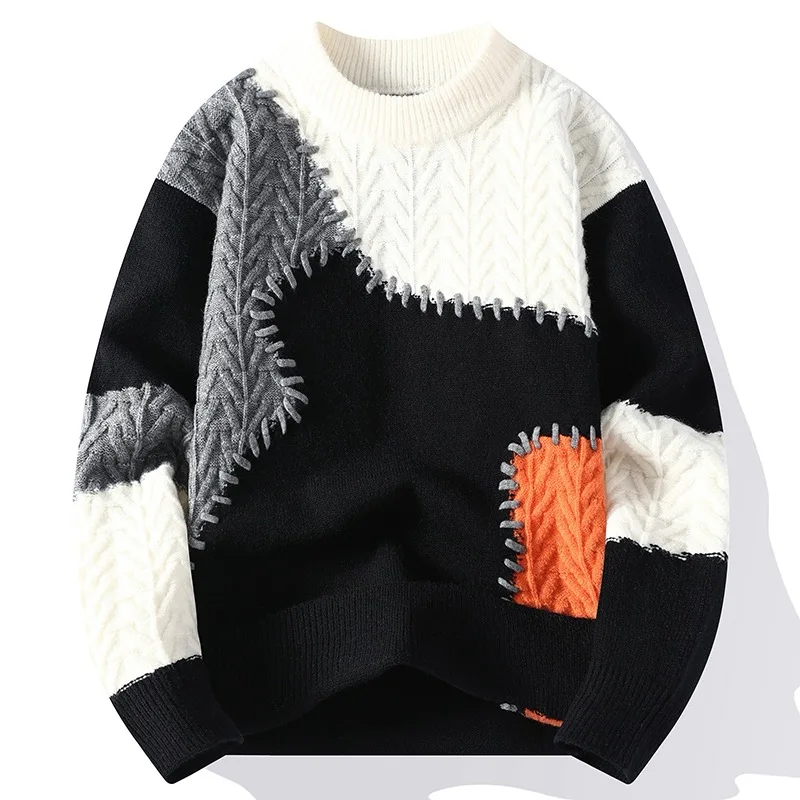 Winter Fashion Sweater Men Patchwork Casual Knit Pullovers Mens Thick Warm Harajuku Loose Knitted Sweaters O-Neck Streetwear Man 4