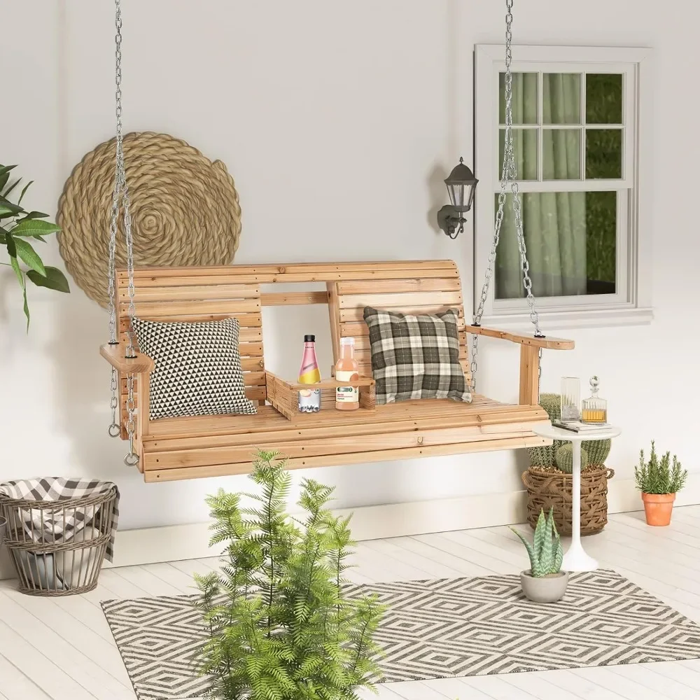 

Outdoor swing, outdoor bench swing with adjustable chain, foldable cup holder,wooden hanging swing chair in backyard deck garden