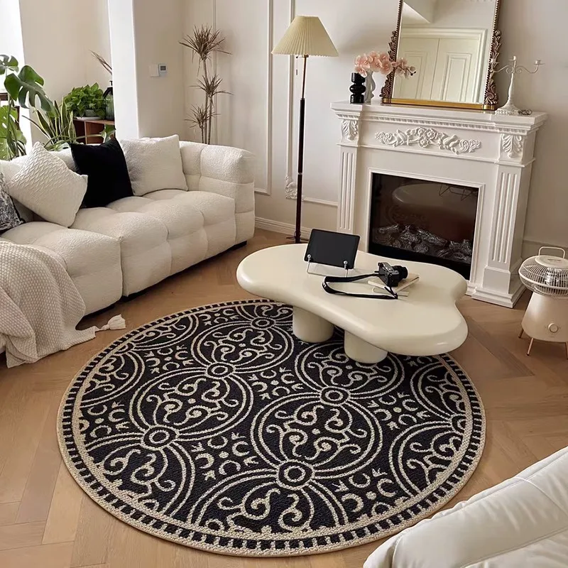 

Retro French Round Floor Mat Living Room Coffee Table Mat Bedroom Study Desk and Chair Absorbent Non-slip Washer Velvet Carpet