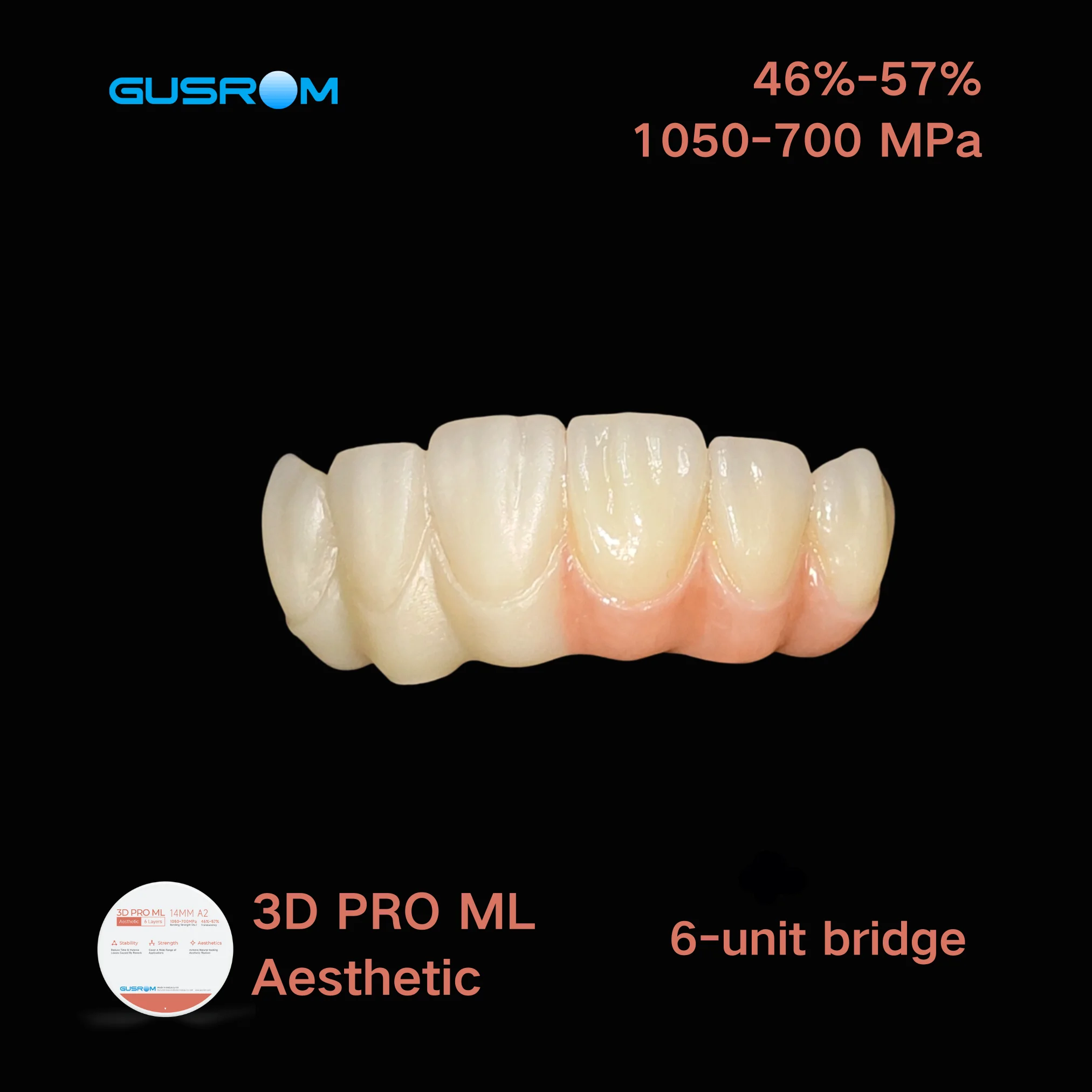 GUSROM 3D PRO Mehrschichtiger Zirkonoxid-Block 98mm A1 A2 A3 Offenes System 1050MPa Hohe Festigkeit 57% Transluzenz für CAD CAM Dental-Kronen – Detail 9