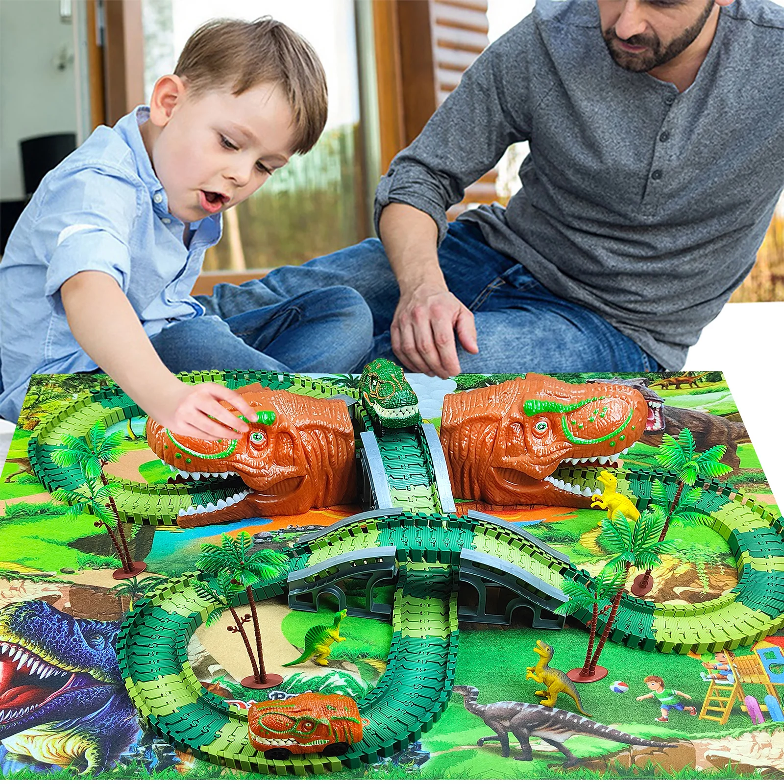 

Dinosaur Toys,Create A Dinosaur World Road Race,Flexible Track Playset Cool Dinosaur car for 3 Year Up Old boy Girls Best Gift