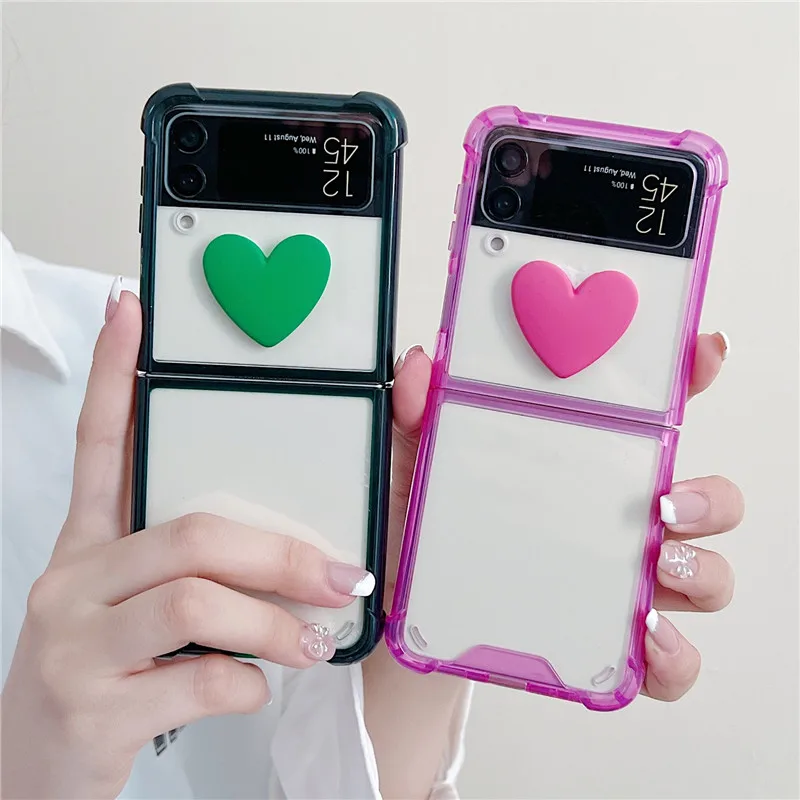 New Simple 3D Love Heart Transparent Four Corners Anti-drop Shockproof Phone Case for Samsung Galaxy Z Flip 3 5G Z Flip3 Z3 samsung galaxy flip3 case