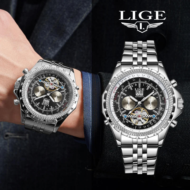 LIGE Business Fashion Luxury Automatic Man Watch Steel Calendar Tourbillon Mechanical Watch for Men Waterproof Week Month Clocks