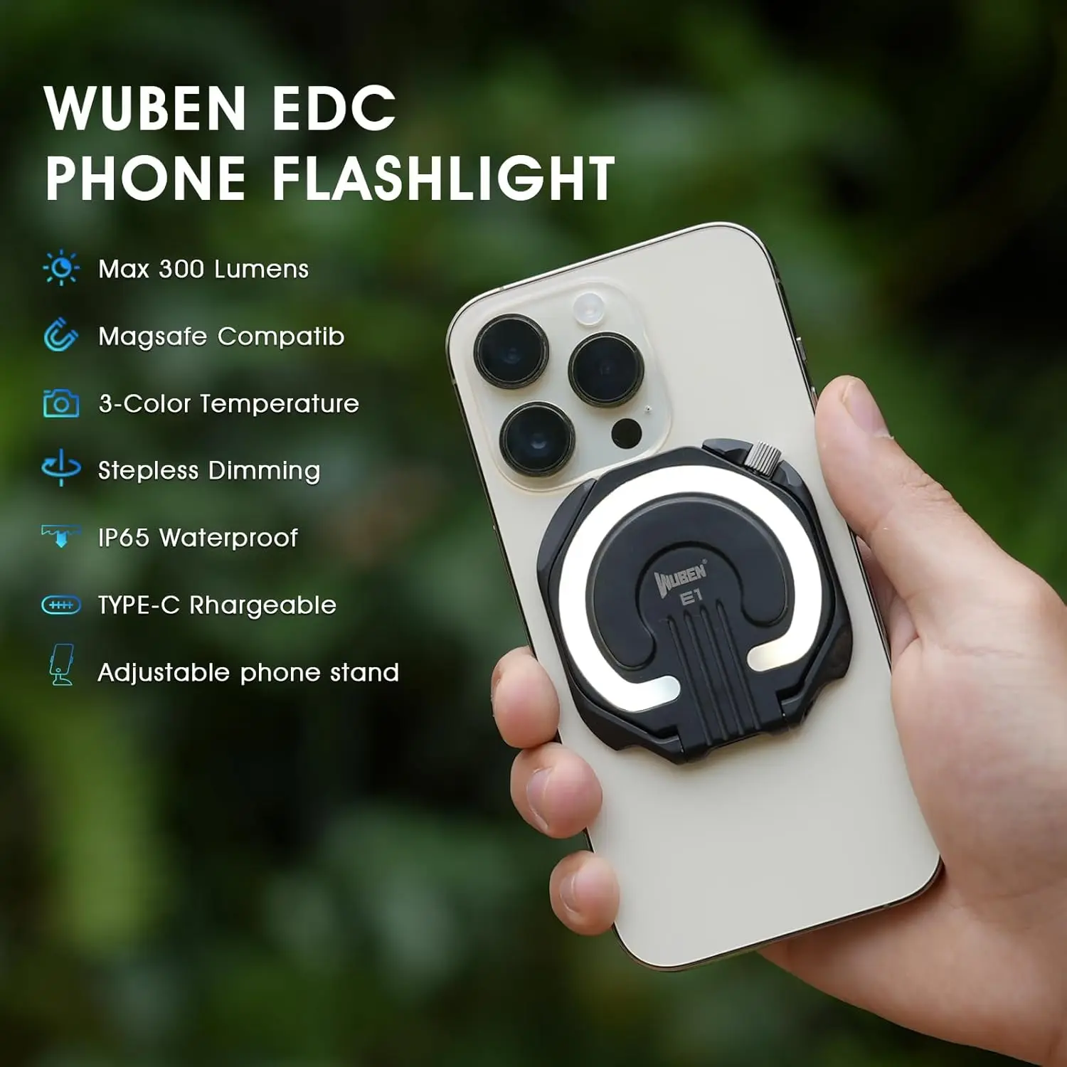WUBEN E1 LED luce per telefono, 300 lumen, mini torcia EDC ricaricabile, luce per selfie, regolabile, portatile, anteriore e posteriore, per foto del telefono, video TikTok Live Stream Vlog Camera