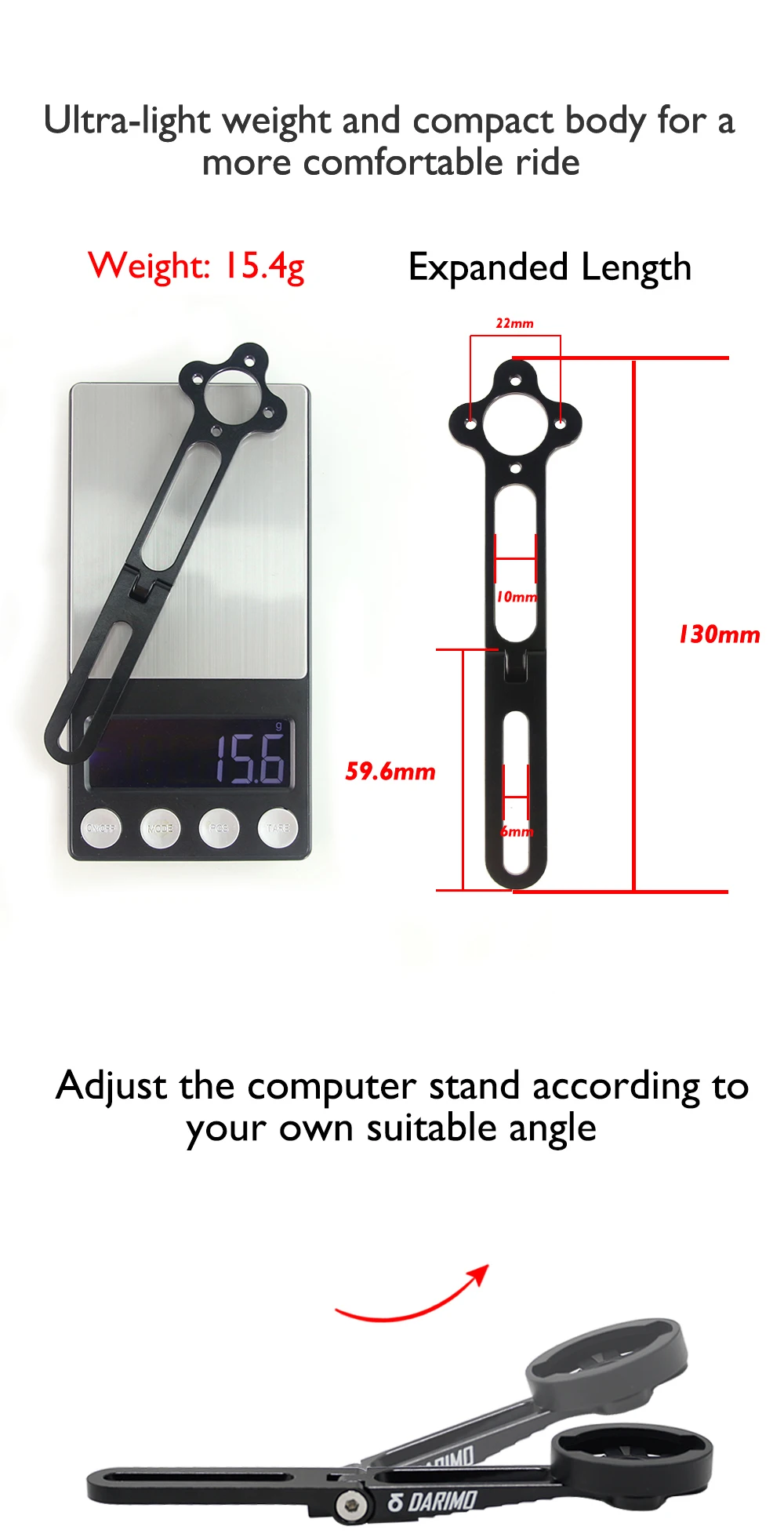 DARIMO Fahrradcomputerhalterung, vordere Verlängerungshalterung, verstellbar, kompatibel mit Garmin/Wahoo/Bryton, Fahrradzubehör – Detail 4