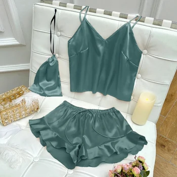 2025 3 قطعة مجموعة بيجامة الحرير الجليد مجموعات موضة الحمالات Soild والسراويل القصيرة مع حقيبة للحمل ملابس المنزل مجموعة الحمالات مثير 3