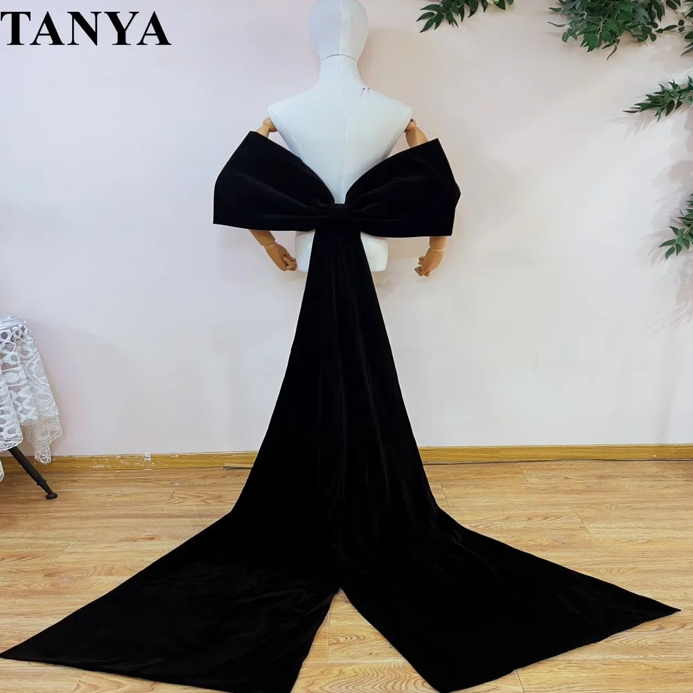 Black Velevt Long Bow Cape ,Elegant Evening Bow Shawl,Women Lady Event Sleeves Accessories,Bow With Train