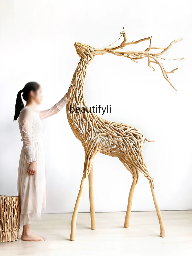 

Solid Wood Fortune Deer Outdoor Large Landscape Decoration Courtyard Guesthouse Decoration Shopping Mall Decoration