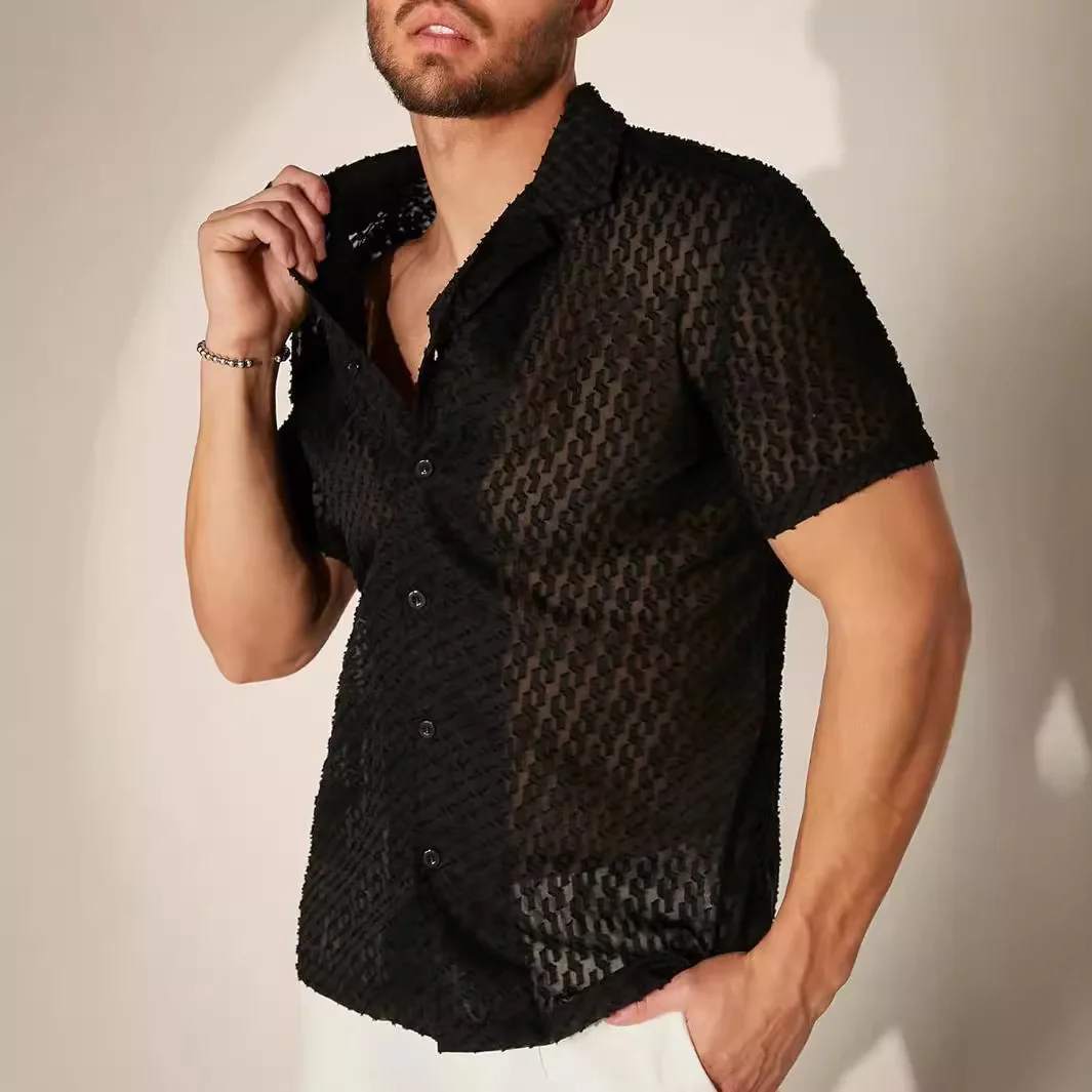 Mens Fashion Hollow Out Jacquard Mesh Shirt Short Sleeve Lapel Button Sheer Sexy Summer Breathable Casual Party Streetwear Tops