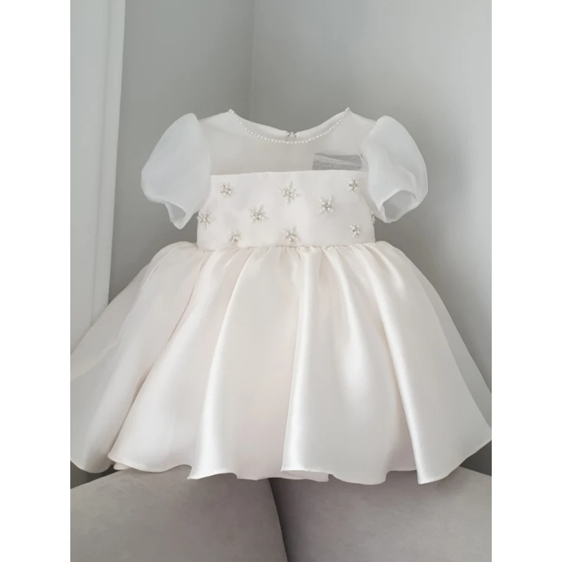 

2-10Y Girl Kids Simple Piano Performance Dress Puff Sleeve Beading Bow Evening Dresses Children First Communion Gown