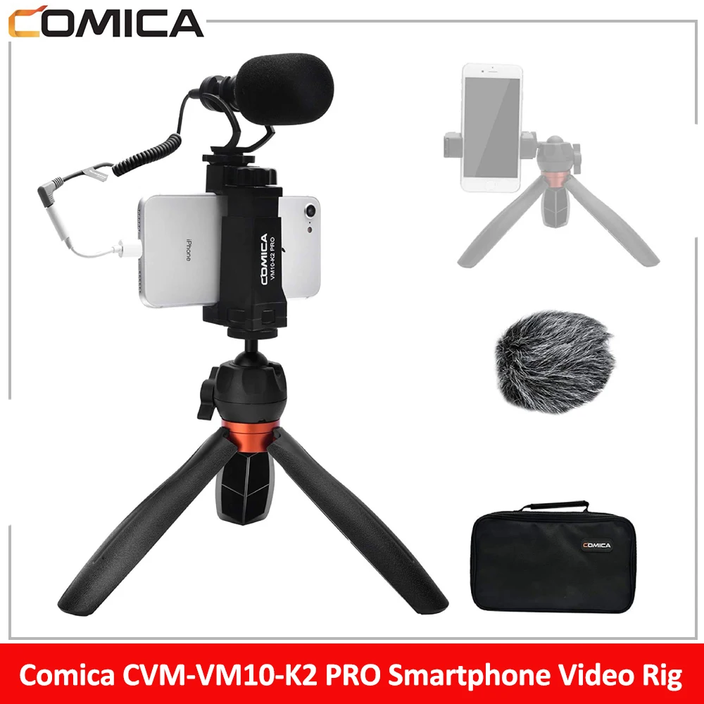 Устройство для видеосъемки смартфона Comica CVM-VM10-K2 PRO со штативом, внешний микрофон, комплект видеозаписи для iPhone, Android, Tiktok, YouTube