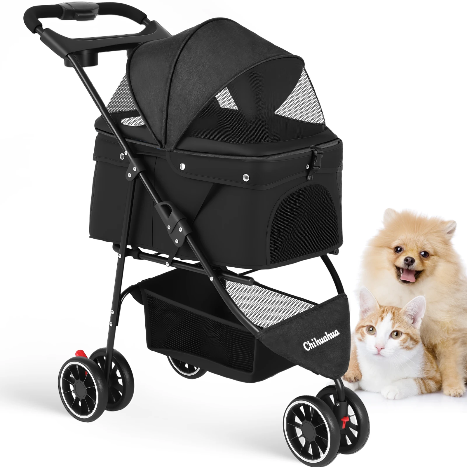 Portable Foldable Pet Stroller for Small Dogs & Cats, Travel Carrier with Canopy, Storage Basket 4