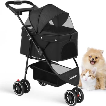 Portable Foldable Pet Stroller for Small Dogs & Cats, Travel Carrier with Canopy, Storage Basket 4