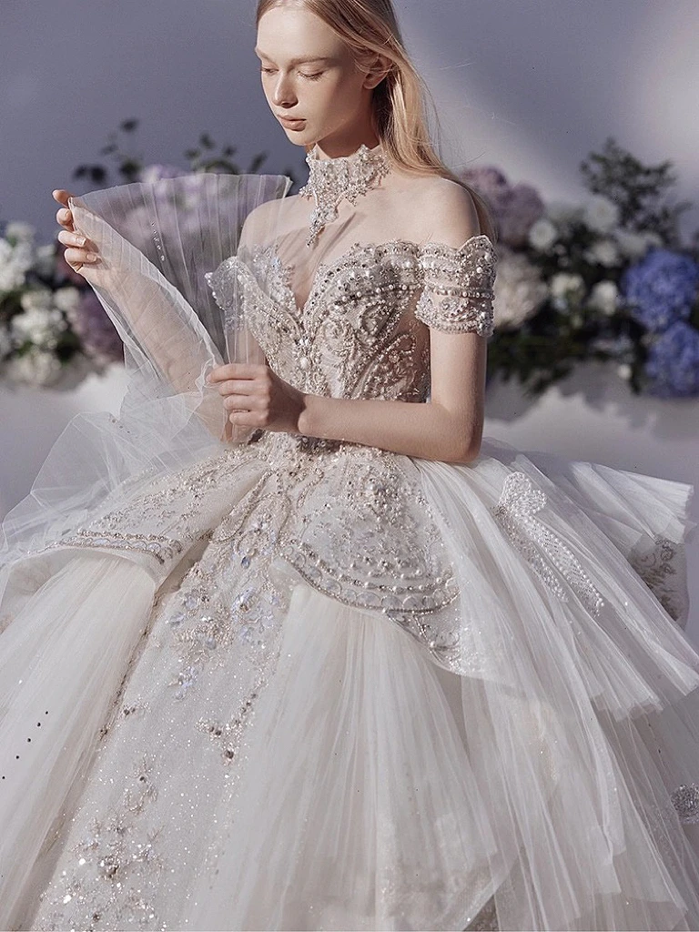 Luxury / Gorgeous Gold Wedding Dresses 2019 Ball Gown Square Neckline  Glitter Tulle Beading Sequins Crystal 3/4 Sleeve Backless Royal Train