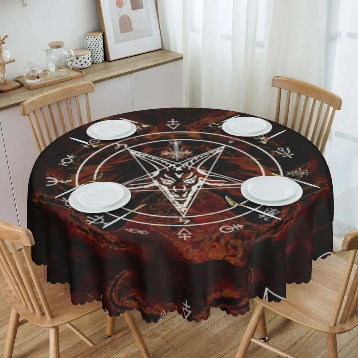 Mantel Redondo Baphomet 60 Pulgadas - Estampado Satánico, Impermeable, Para Fiestas Y Decoración