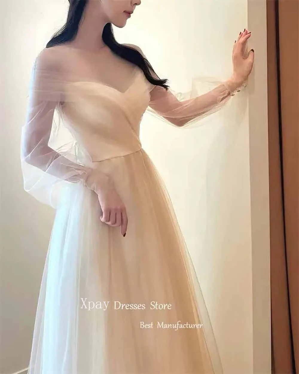 XPAY V Neck Long Puff Sleeve Korea Wedding Dress Princess Photo Shoot Off Shoulder Champagne Corset Back Customised Bridal Gown 3
