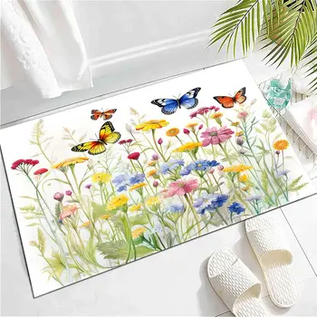 Wild Animal Butterfly Carpet Spring Garden Plant Floral Rug for Bedside Sofa, Botanical Flower Floor Mat Home Entrance Doormat