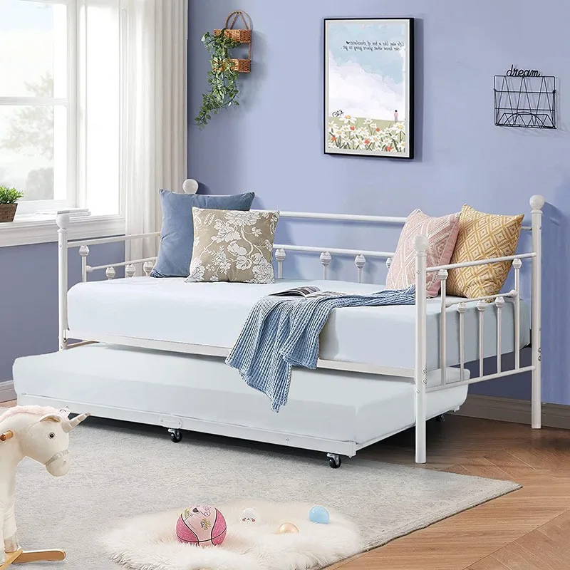 

Twin Trundle Bed Frame Only/Roll Out/Enhanced & Up-Graded Metal Slats Support With Lockable Casters, Black Furniture Living Room