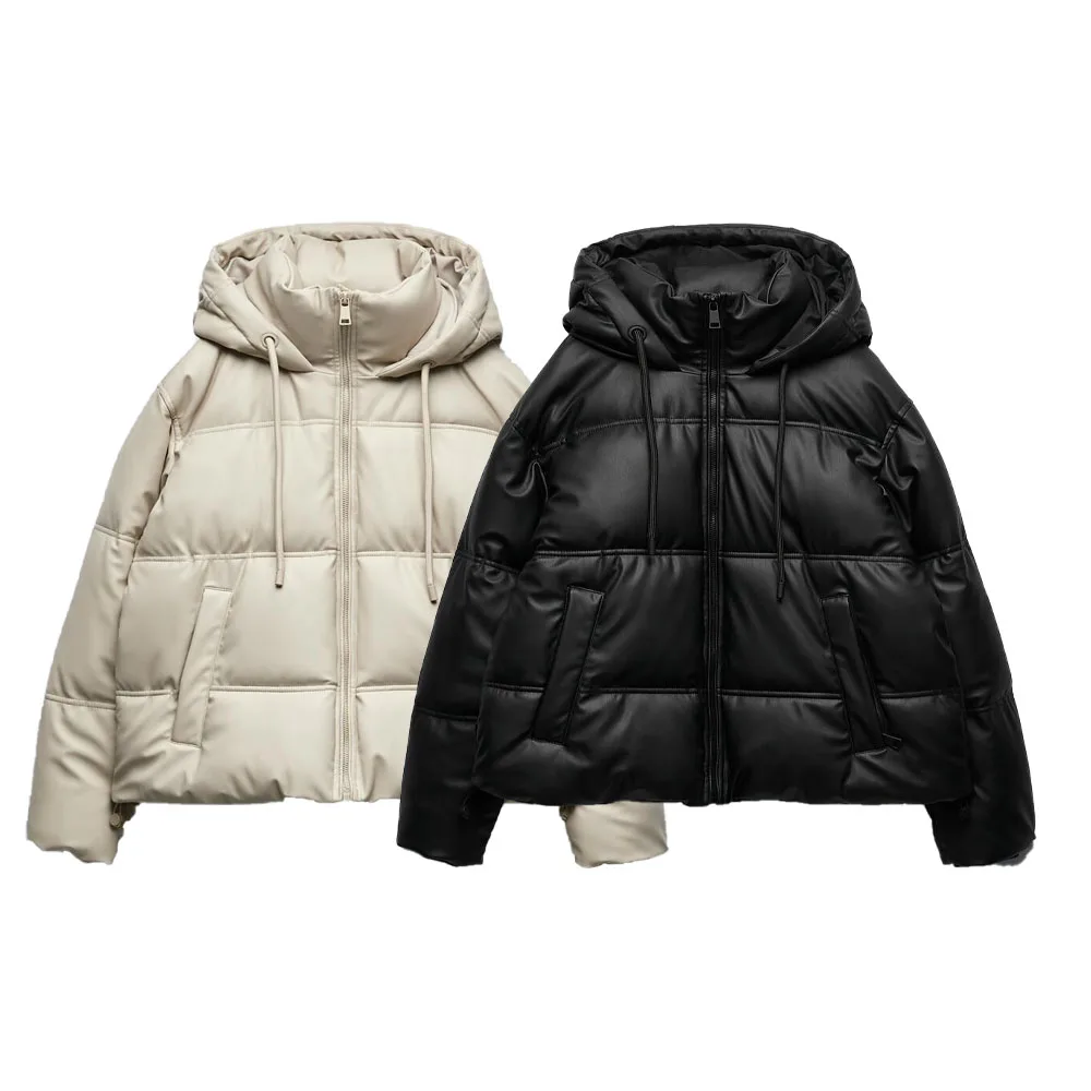 

Autumn and winter new women's clothing European and American street style imitation leather short hooded cotton jacket jacket