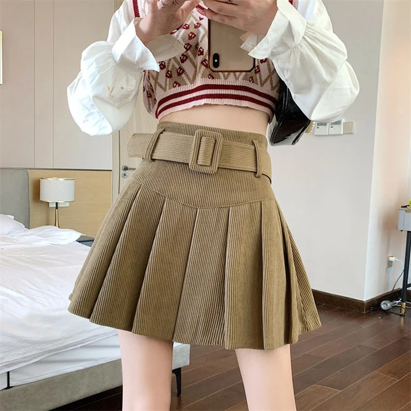 

Hdspq Corduroy High Waist Pleated Skirts Women 2023 Spring Summer Black Brown Belt Short Skirt Woman Korean Solid Mini Skirts