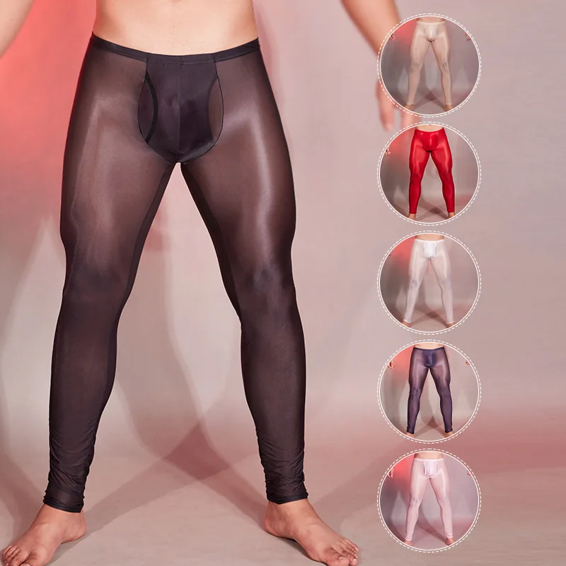 Ultra-thin See Through Seamless Men Tight Leggings Male Sexy Low Waist Sheer Elastic Stockings Sleep Bottoms men thigh high silks socks ultra thin sheer sexy male gay hose stockings black see through softy mens nylon socks