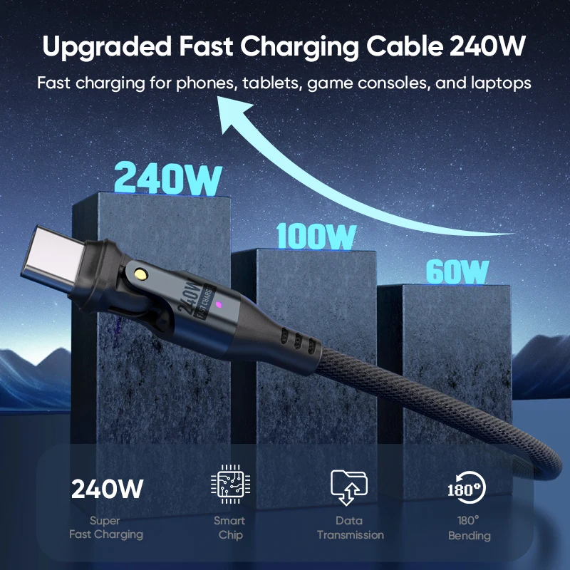 Ultra High-Speed 240W 5A USB-C to USB-C Charging Cable with 180-Degree Flex Charger