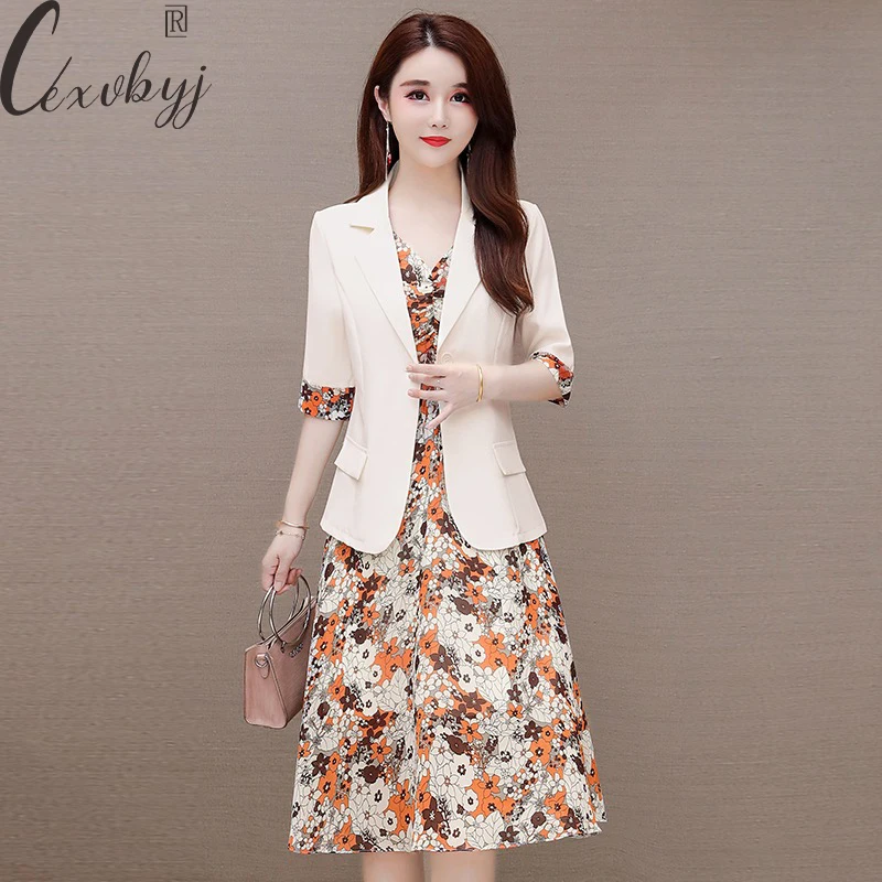 Spring Summer Floral Dress Suit Women Thin Half Sleeve Blazer Coat+Sleeveless Tank Chiffon Dress Two Peice Set Korean Outfits lace wirefree maternity breastfeeding bras postpartum women lactation vest thin lingerie tank tops nursing bra vest undershirt