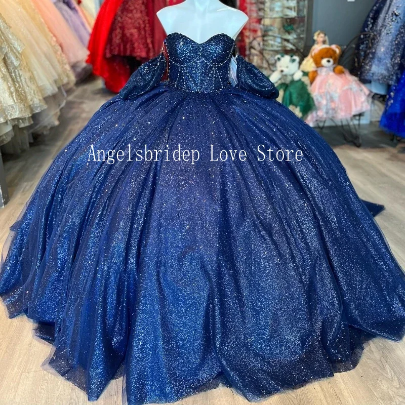 

Angelsbridep Shiny Navy Blue Ball Gown Quinceanera Dresses With Beading Vestido De 15 Anos Princess Birthday Party Dress