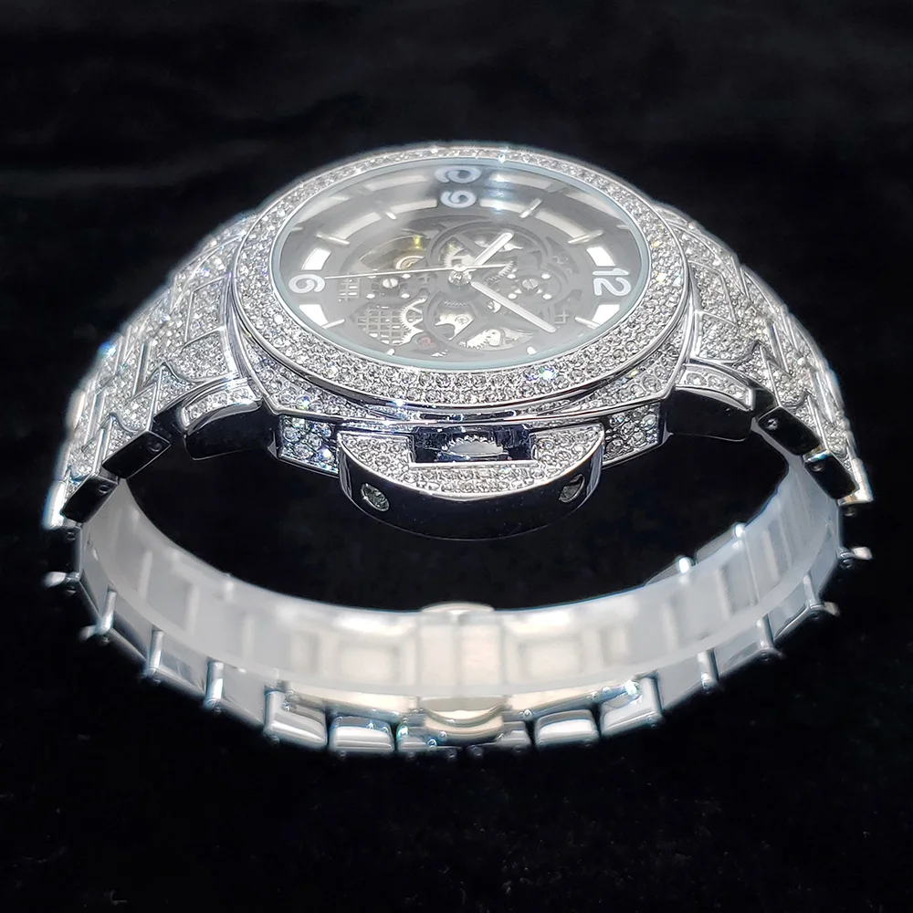Relógio Mecânico High End para Homens Aço Prateado Oco Auto Relógio Diamante de Luxo Hip Hop Relógios Impermeáveis Dropshipping Novo - Image 6