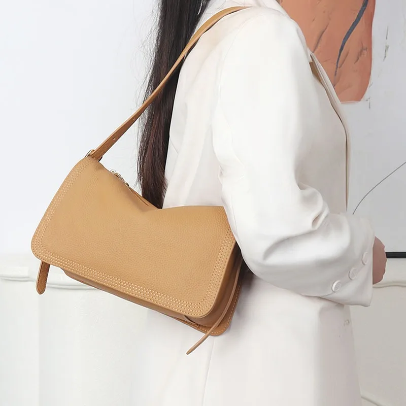 Top Layer Cow Leather Underarm Handbag Versatile Casual Designer Women Shoulder Bag  Large Capacity Female Crossbody Bag