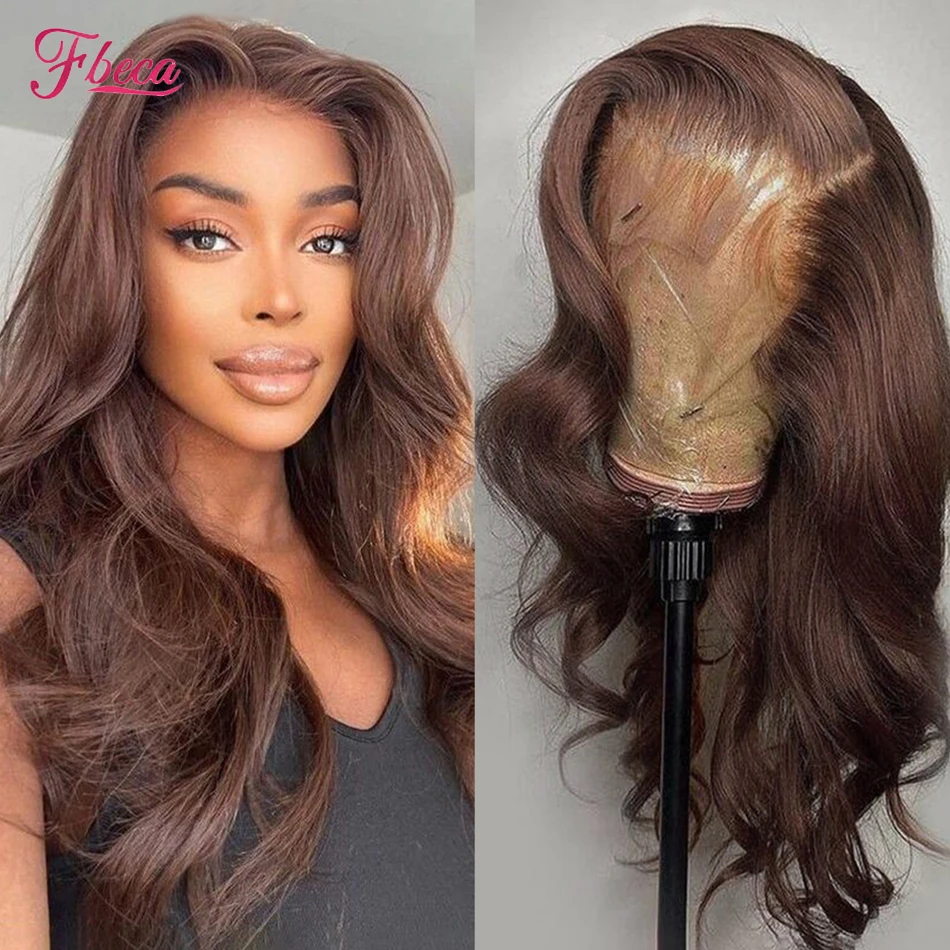 Human Hair Wig Chocolate Brown Lace Front Body Wave 13x4 Lace Frontal Pre Plucked HD 4x4 180 Density For Women