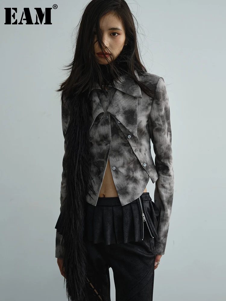

[EAM] Gray Tie Dye Irregular Short False Two Jacket New Lapel Long Sleeve Women Coat Fashion Tide Spring Autumn 2024 1DH3193