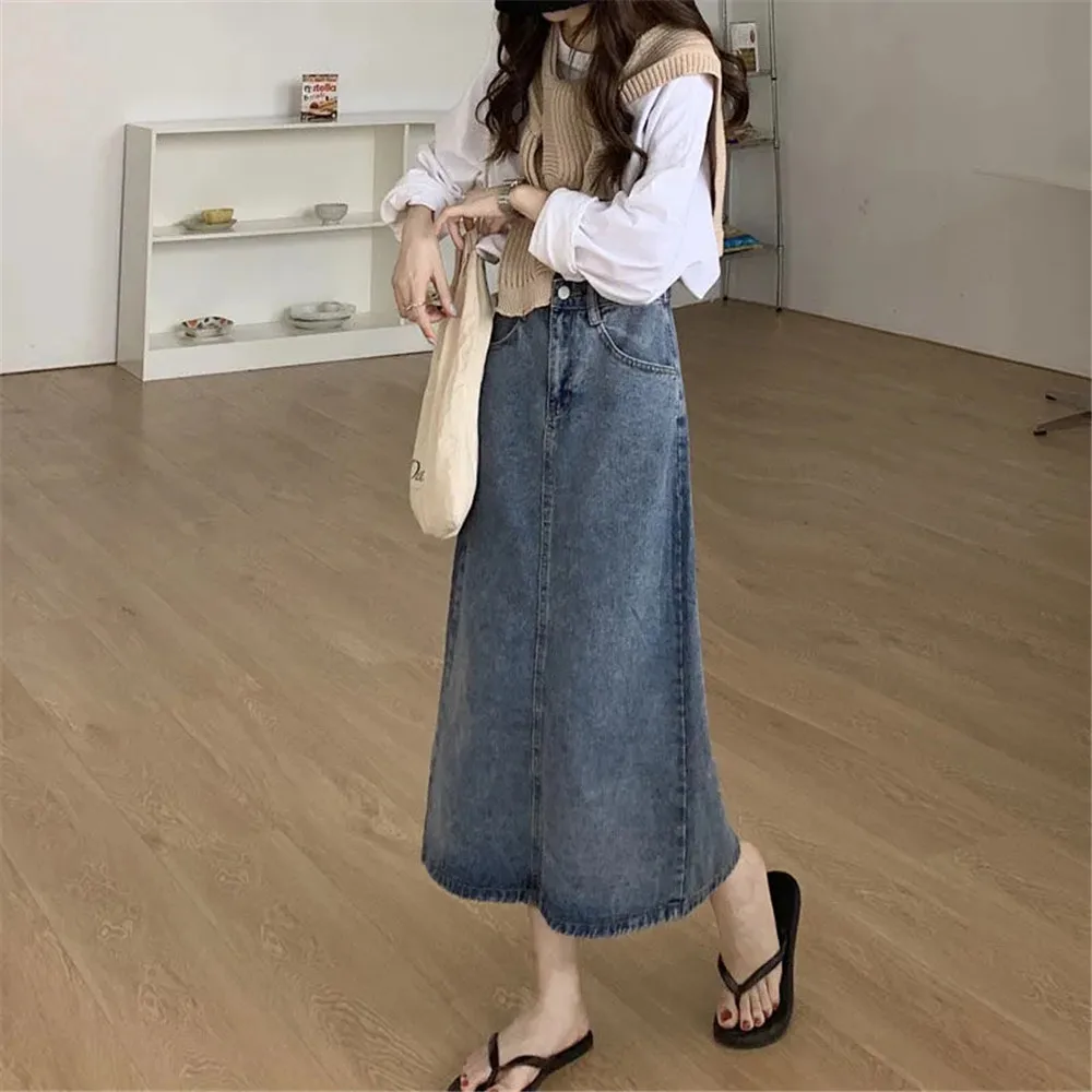 

Vintage Simple Denim Skirts Women Leisure Daily Preppy Punk Simple Harajuku Female Clothes Empire Friends Comfortable Long Skirt