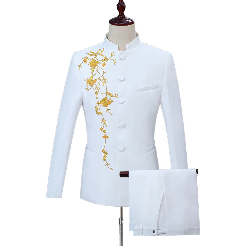 New Stand Collar Ethnic Costume Chorus Men's Host Zhongshan Suit Embroidered Performance Wear