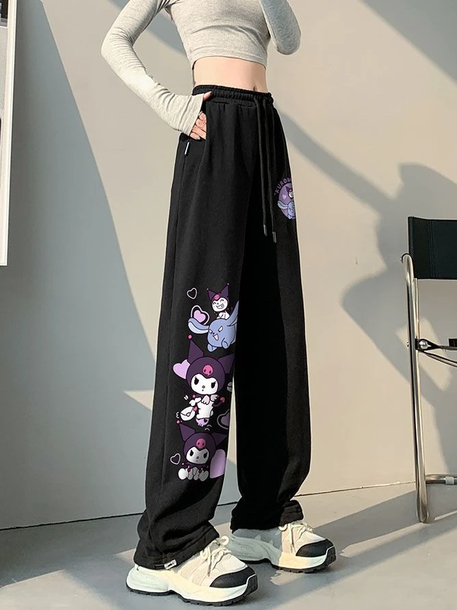 Sanrio Cute Kuromi Black Wide Leg Pants For Women's New High Waist Casual Strap Sports Pants Hip Hop 2000s Aesthetic Trousers