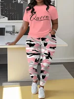 Plus Size Women's Casual Suit, Fashion Letter Print Camouflage Pants Two-Piece Set - Image 3