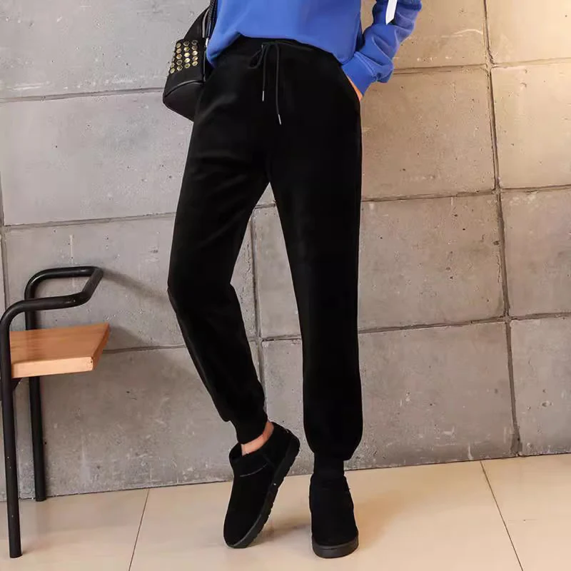 Lamb Fleecing Drawstring Elastic Waist Pencil Pants Solid Casual Warm Black Long Pant Winter Youthful Woman Clothing Trouser New