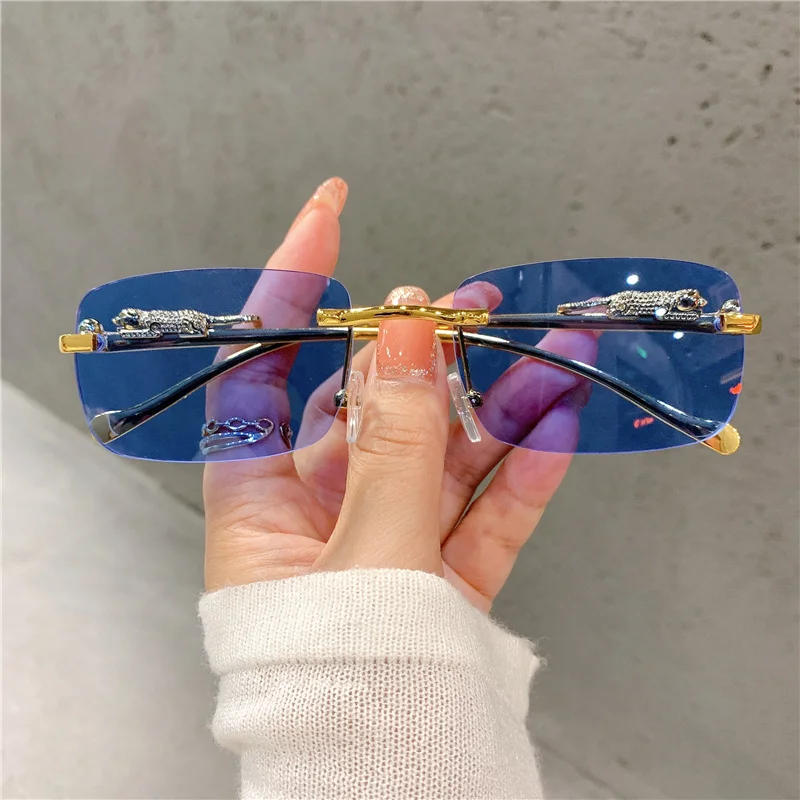 Vintage-Sonnenbrille, randlos, Schnittkante, Damen-Sonnenbrille, Modedesigner-Sonnenbrille, luxuriöse goldene Leoparden-Rahmen-Sonnenbrille, UV400
