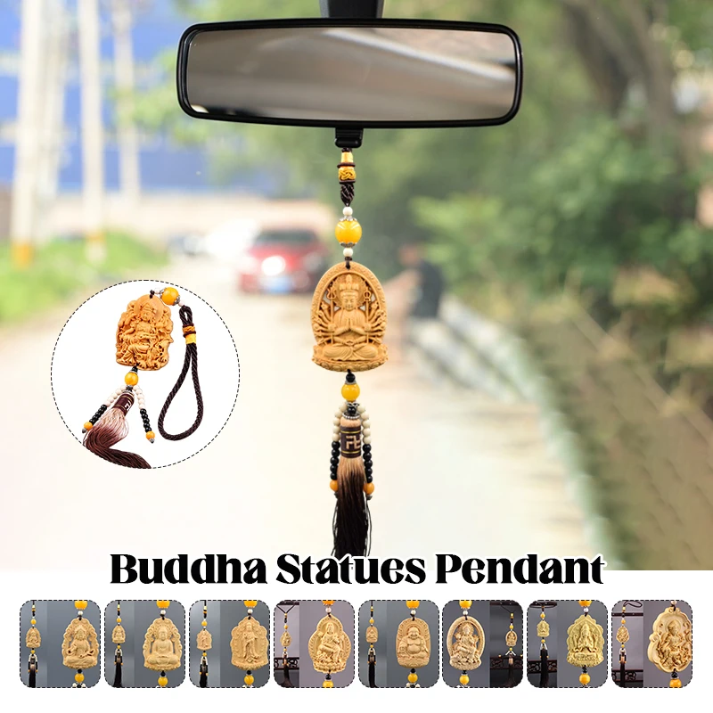 

1pc Wood Carving Buddha Statues Car Rear View Mirror Pendant Guanyin Figurines Pao Ping An Fu High-end Boxwood Carved Pendants