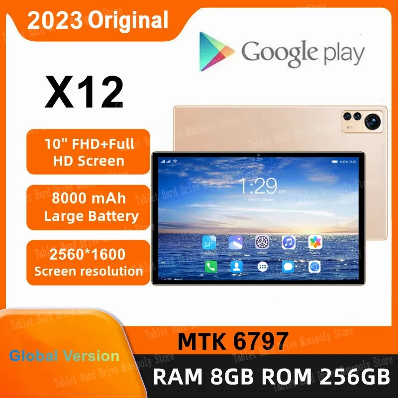 

Hot Sales 2024 Gobal Version Android Tablet X12 10.1 Inch Android 12 Bluetooth 8GB 256GB Deca Core 24+48MP WPS+5G WIFI Laptop