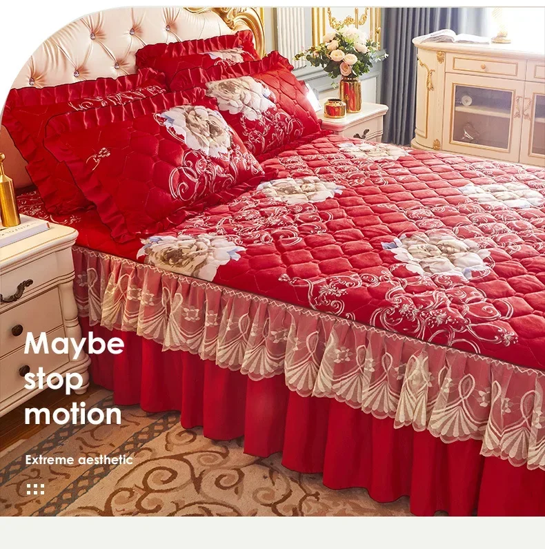 Princess Lace Quilted Bed Sheets Crystal Cute Thick Cotton Warm Velvet Wedding Bedspreads with Skirt King Queen Size bedding set bed skirt