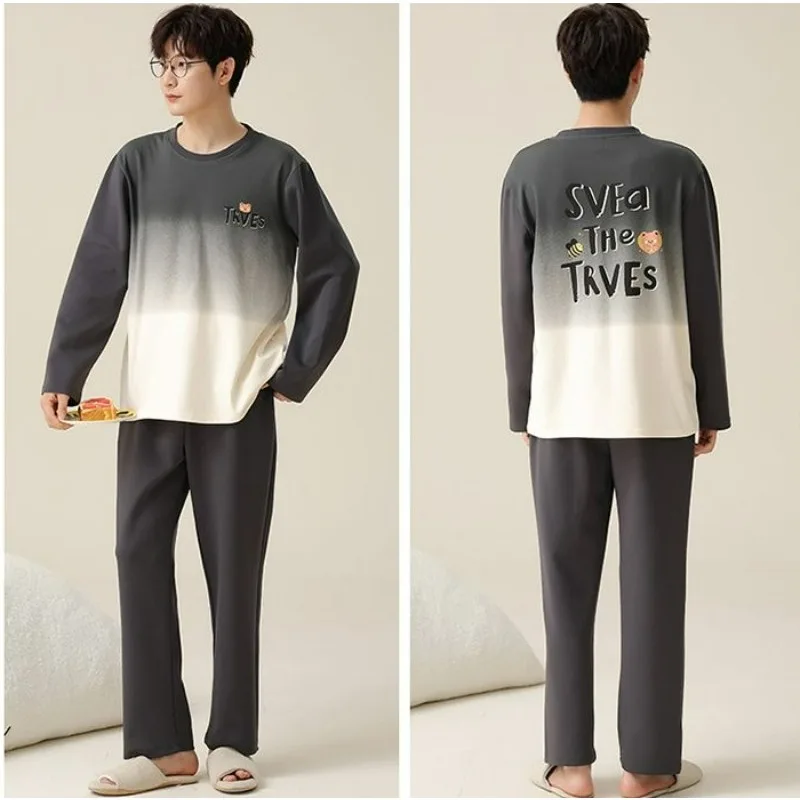 Sleepwear Men Spring Autumn Cotton Long-Sleeved Trousers Round Neck Pajamas Set Cartoon Youth Large Size Fashion Homewear Suit