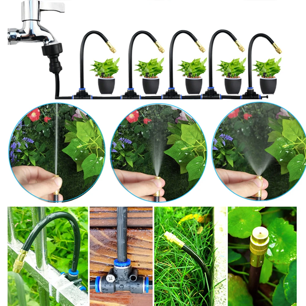 5M/10M Automatic Watering Kit with 20cm Rotating Copper Nozzle Balcony Rainforest Sprayer Adjustable 360 Degree Bend for Garden