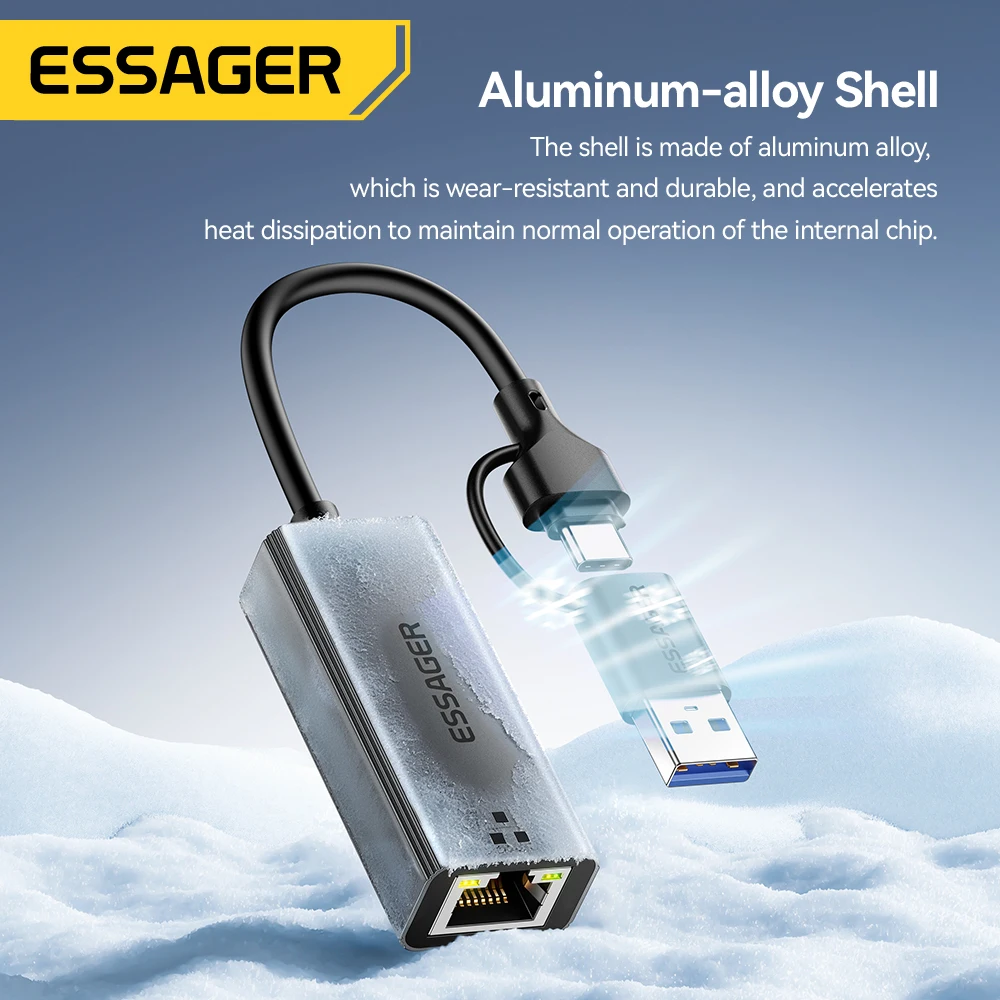 Essager 2-in-1 Ethernet Adapter USB-A/Type-C to RJ45 Network Card 1000Mbps Ethernet Gigabit Adapter Lan Card for MacBook Laptop