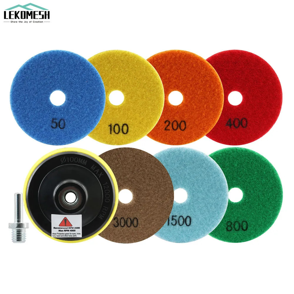 

LEKOMESH 7pcs 100mm/4'' Diamond Dry Polishing Pads + M14 Rubber Backer+M14 Adapter Granite Marble Stone Sanding Disc