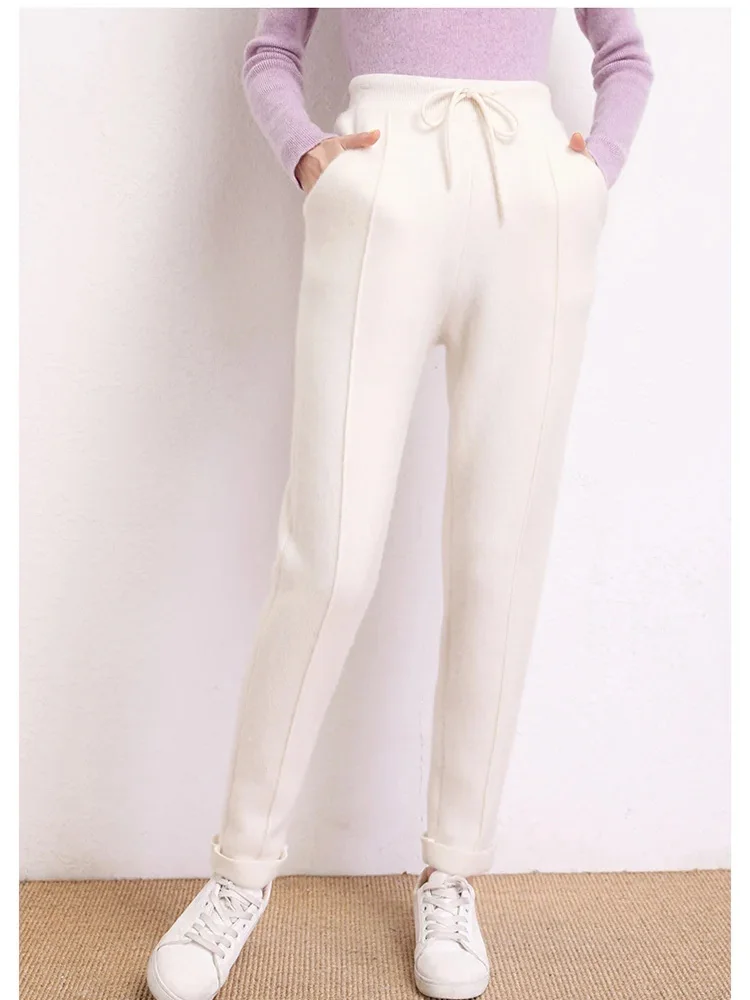 Women's 100% Pure Wool Slim Pants High Waist Autumn and Winter Cashmere Casual Knitted Pencil Pants Korean Thick Casual pants