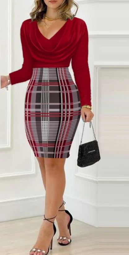 

New Elegant Dress 2023 Fashion Casual Temperament Commuting Slim Colorblock Plaid Print Cowl Neck Slit Bodycon Dress for Women