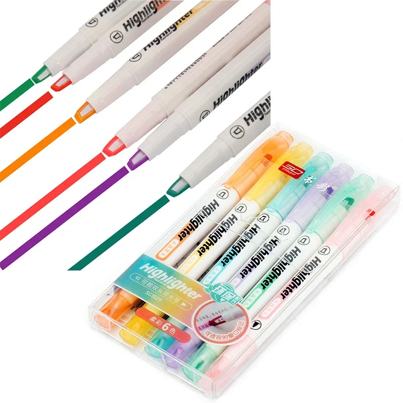 6 Colors/Set Unique Window Tip Highlighter Pen Double Head Pastel Color Midline highlighters Marker School Stationery Supplies - 2
