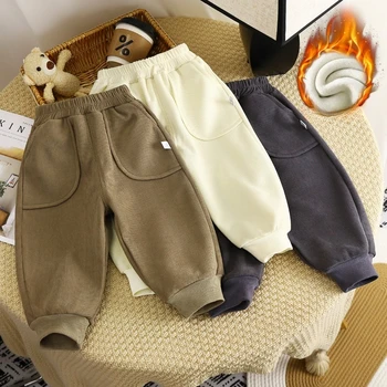 Children Velvet Pants Autumn Winter New Solid Color Boys Kids Thick Warm Sports Trousers Simple Fashion Korean Girls Baby Pants 1
